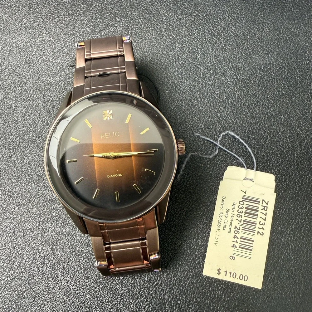 MSRP $110 Relic by Fossil ZR77312 Mens‎ Rylan Diamond Accent Brown Watch New Ba